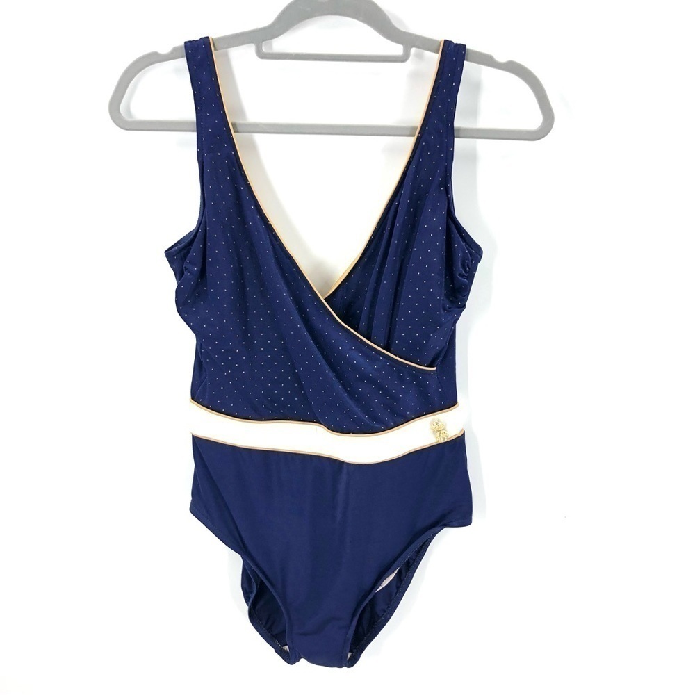 Vintage Robby Len One Piece Swimsuit Bathing Suit Nautical Blue Gold Sz 14